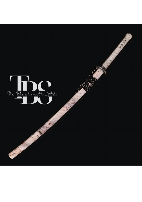 Handcrafted Damascus Steel Katana Sword with Beige Handle, Beige Blade Cover with Elegant Design and Lace, and Bronze Detailing – Customizable for Anniversary, Groomsmen Gifts, Christmas Gifts, and Collectors - TheBlacksmithLtd #
