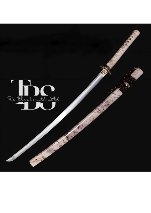 Handcrafted Damascus Steel Katana Sword with Beige Handle, Beige Blade Cover with Elegant Design and Lace, and Bronze Detailing – Customizable for Anniversary, Groomsmen Gifts, Christmas Gifts, and Collectors - TheBlacksmithLtd #