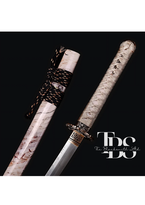 Handcrafted Damascus Steel Katana Sword with Beige Handle, Beige Blade Cover with Elegant Design and Lace, and Bronze Detailing – Customizable for Anniversary, Groomsmen Gifts, Christmas Gifts, and Collectors - TheBlacksmithLtd #