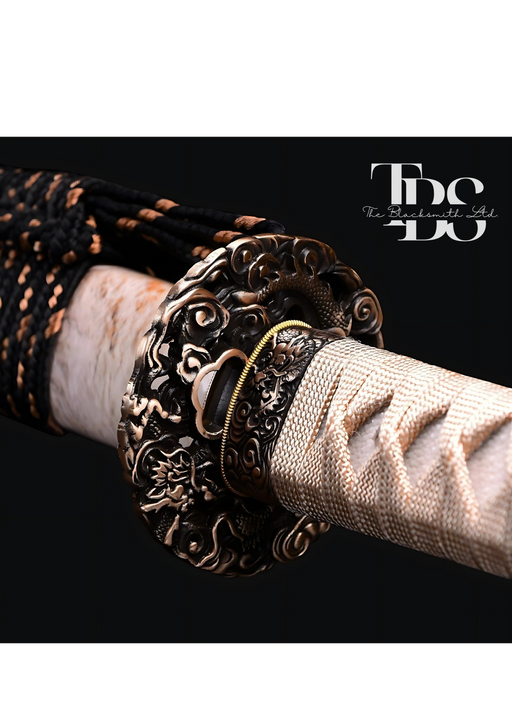 Handcrafted Damascus Steel Katana Sword with Beige Handle, Beige Blade Cover with Elegant Design and Lace, and Bronze Detailing – Customizable for Anniversary, Groomsmen Gifts, Christmas Gifts, and Collectors - TheBlacksmithLtd #