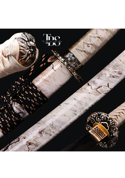 Handcrafted Damascus Steel Katana Sword with Beige Handle, Beige Blade Cover with Elegant Design and Lace, and Bronze Detailing – Customizable for Anniversary, Groomsmen Gifts, Christmas Gifts, and Collectors - TheBlacksmithLtd #