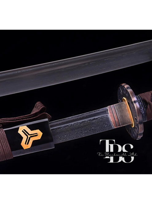 Handcrafted Damascus Steel Katana Sword with Brown Handle, Black Blade Cover with Golden Detailing, and Bronze Accents Below Handle – Perfect for Anniversary, Groomsmen Gifts, Christmas Gifts, and Collectors - TheBlacksmithLtd #