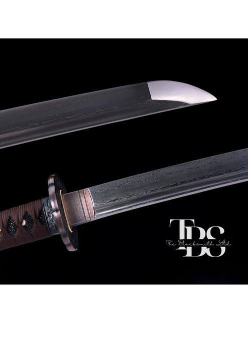 Handcrafted Damascus Steel Katana Sword with Brown Handle, Black Blade Cover with Golden Detailing, and Bronze Accents Below Handle – Perfect for Anniversary, Groomsmen Gifts, Christmas Gifts, and Collectors - TheBlacksmithLtd #
