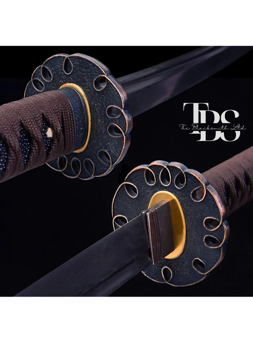 Handcrafted Damascus Steel Katana Sword with Brown Handle, Black Blade Cover with Golden Detailing, and Bronze Accents Below Handle – Perfect for Anniversary, Groomsmen Gifts, Christmas Gifts, and Collectors - TheBlacksmithLtd #
