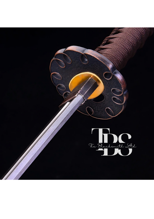 Handcrafted Damascus Steel Katana Sword with Brown Handle, Black Blade Cover with Golden Detailing, and Bronze Accents Below Handle – Perfect for Anniversary, Groomsmen Gifts, Christmas Gifts, and Collectors - TheBlacksmithLtd #