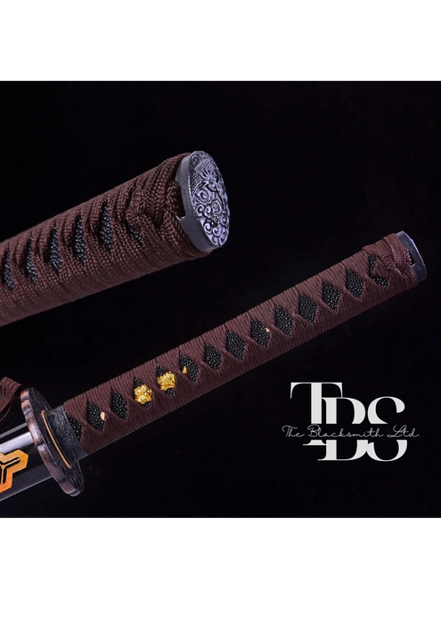 Handcrafted Damascus Steel Katana Sword with Brown Handle, Black Blade Cover with Golden Detailing, and Bronze Accents Below Handle – Perfect for Anniversary, Groomsmen Gifts, Christmas Gifts, and Collectors - TheBlacksmithLtd #