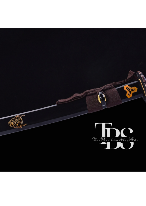 Handcrafted Damascus Steel Katana Sword with Brown Handle, Black Blade Cover with Golden Detailing, and Bronze Accents Below Handle – Perfect for Anniversary, Groomsmen Gifts, Christmas Gifts, and Collectors - TheBlacksmithLtd #