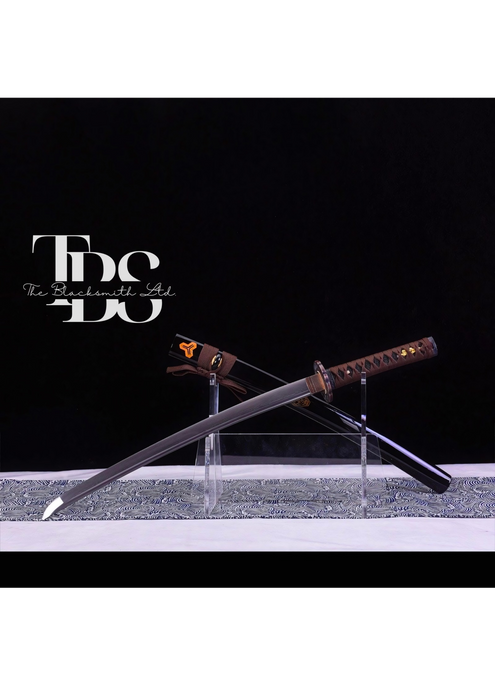 Handcrafted Damascus Steel Katana Sword with Brown Handle, Black Blade Cover with Golden Detailing, and Bronze Accents Below Handle – Perfect for Anniversary, Groomsmen Gifts, Christmas Gifts, and Collectors - TheBlacksmithLtd #