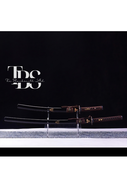Handcrafted Damascus Steel Katana Sword with Brown Handle, Black Blade Cover with Golden Detailing, and Bronze Accents Below Handle – Perfect for Anniversary, Groomsmen Gifts, Christmas Gifts, and Collectors - TheBlacksmithLtd #