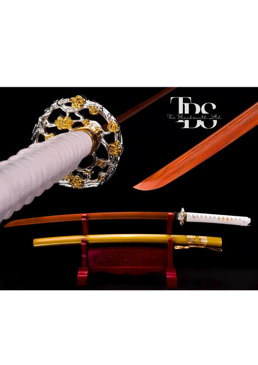 Handcrafted Damascus Steel Katana Sword with White Handle, Silver and Golden Detailing, and Golden Blade Cover with Golden Lace – Perfect for Anniversary, Groomsmen Gifts, Christmas Gifts, and Collectors - TheBlacksmithLtd #