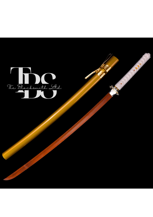 Handcrafted Damascus Steel Katana Sword with White Handle, Silver and Golden Detailing, and Golden Blade Cover with Golden Lace – Perfect for Anniversary, Groomsmen Gifts, Christmas Gifts, and Collectors - TheBlacksmithLtd #