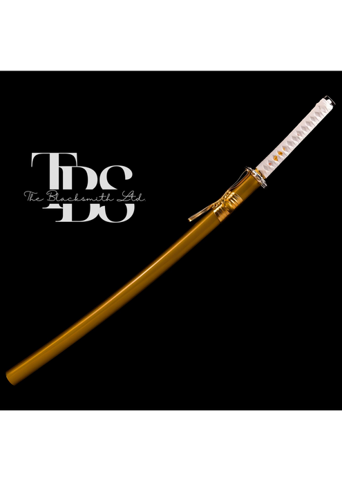 Handcrafted Damascus Steel Katana Sword with White Handle, Silver and Golden Detailing, and Golden Blade Cover with Golden Lace – Perfect for Anniversary, Groomsmen Gifts, Christmas Gifts, and Collectors - TheBlacksmithLtd #