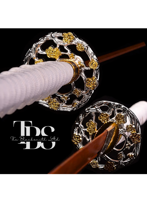 Handcrafted Damascus Steel Katana Sword with White Handle, Silver and Golden Detailing, and Golden Blade Cover with Golden Lace – Perfect for Anniversary, Groomsmen Gifts, Christmas Gifts, and Collectors - TheBlacksmithLtd #