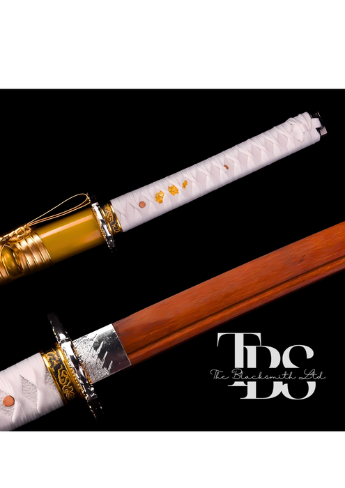 Handcrafted Damascus Steel Katana Sword with White Handle, Silver and Golden Detailing, and Golden Blade Cover with Golden Lace – Perfect for Anniversary, Groomsmen Gifts, Christmas Gifts, and Collectors - TheBlacksmithLtd #