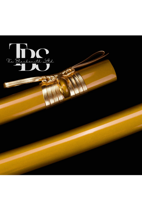 Handcrafted Damascus Steel Katana Sword with White Handle, Silver and Golden Detailing, and Golden Blade Cover with Golden Lace – Perfect for Anniversary, Groomsmen Gifts, Christmas Gifts, and Collectors - TheBlacksmithLtd #