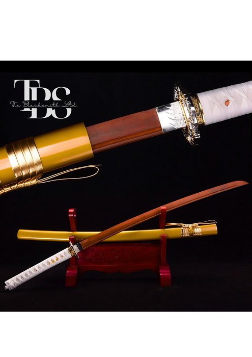 Handcrafted Damascus Steel Katana Sword with White Handle, Silver and Golden Detailing, and Golden Blade Cover with Golden Lace – Perfect for Anniversary, Groomsmen Gifts, Christmas Gifts, and Collectors - TheBlacksmithLtd #