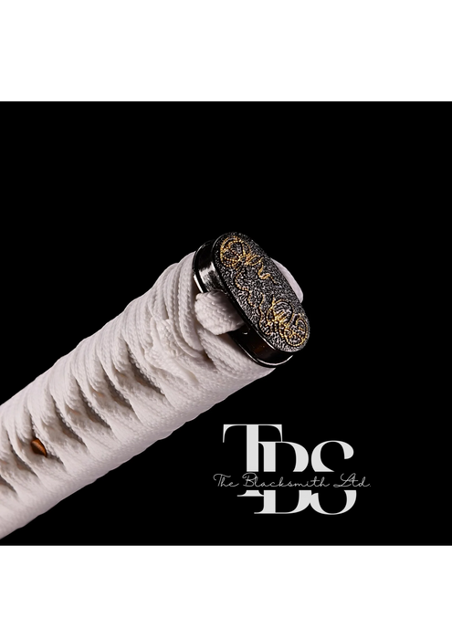Handcrafted Damascus Steel Katana Sword with White Handle, Silver and Golden Detailing, and Golden Blade Cover with Golden Lace – Perfect for Anniversary, Groomsmen Gifts, Christmas Gifts, and Collectors - TheBlacksmithLtd #