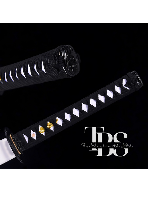 Handcrafted Damascus Steel Katana Sword with Black Handle, White Blade Cover with Black Lace, and Black Detailing – Perfect for Anniversary, Groomsmen Gifts, Christmas Gifts, and Collectors - TheBlacksmithLtd #