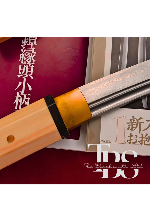 Handcrafted Light Brown Damascus Steel Katana Sword with Shiny Blade – Minimalist Full Tang Samurai Sword – Elegant Collectible for Martial Arts, Weddings, Anniversaries, Christmas, or Groomsmen Gifts - TheBlacksmithLtd #