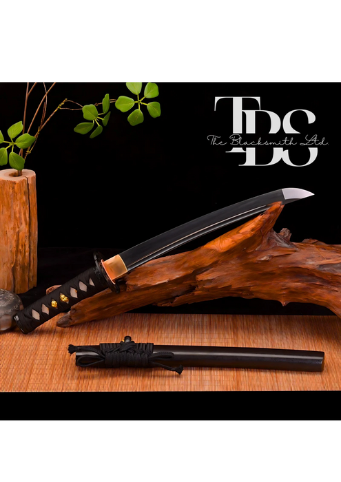 Handmade set of Two Damascus Steel Katana Swords – Black Handle with Black Cover and Dark Orange Handle with Reddish Cover – Full Tang Samurai Swords with Shiny Blades – Ideal for Weddings, Anniversaries, Christmas, or Groomsmen Gifts - TheBlacksmithLtd #