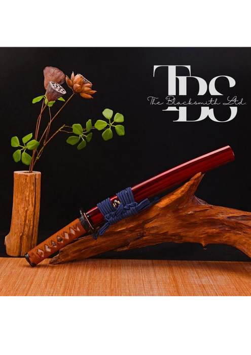 Handmade set of Two Damascus Steel Katana Swords – Black Handle with Black Cover and Dark Orange Handle with Reddish Cover – Full Tang Samurai Swords with Shiny Blades – Ideal for Weddings, Anniversaries, Christmas, or Groomsmen Gifts - TheBlacksmithLtd #