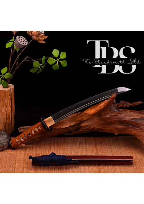 Handmade set of Two Damascus Steel Katana Swords – Black Handle with Black Cover and Dark Orange Handle with Reddish Cover – Full Tang Samurai Swords with Shiny Blades – Ideal for Weddings, Anniversaries, Christmas, or Groomsmen Gifts - TheBlacksmithLtd #