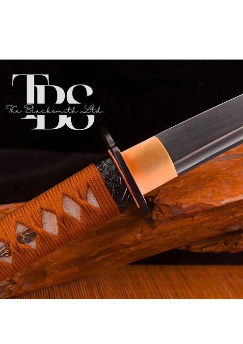 Handmade set of Two Damascus Steel Katana Swords – Black Handle with Black Cover and Dark Orange Handle with Reddish Cover – Full Tang Samurai Swords with Shiny Blades – Ideal for Weddings, Anniversaries, Christmas, or Groomsmen Gifts - TheBlacksmithLtd #