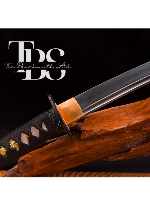 Handmade set of Two Damascus Steel Katana Swords – Black Handle with Black Cover and Dark Orange Handle with Reddish Cover – Full Tang Samurai Swords with Shiny Blades – Ideal for Weddings, Anniversaries, Christmas, or Groomsmen Gifts - TheBlacksmithLtd #