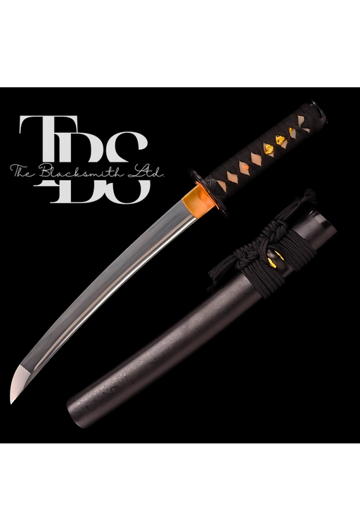 Handmade set of Two Damascus Steel Katana Swords – Black Handle with Black Cover and Dark Orange Handle with Reddish Cover – Full Tang Samurai Swords with Shiny Blades – Ideal for Weddings, Anniversaries, Christmas, or Groomsmen Gifts - TheBlacksmithLtd #