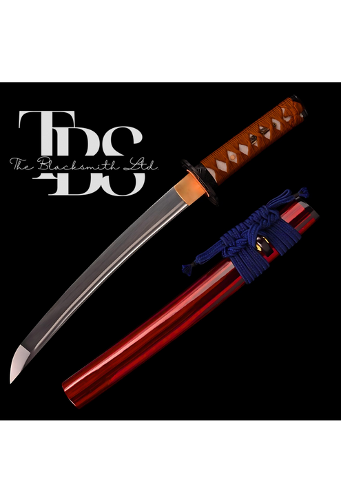 Handmade set of Two Damascus Steel Katana Swords – Black Handle with Black Cover and Dark Orange Handle with Reddish Cover – Full Tang Samurai Swords with Shiny Blades – Ideal for Weddings, Anniversaries, Christmas, or Groomsmen Gifts - TheBlacksmithLtd #