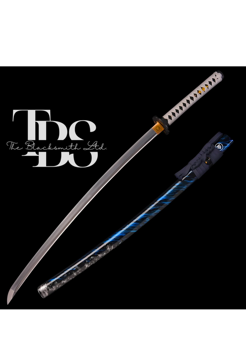 Hancrafted Damascus Steel Katana Sword with White Threaded Handle, Stylish Bluish Cover, and Shiny Blade – Full Tang Samurai Sword for Collectors, Weddings, Anniversaries, Christmas, or Groomsmen Gifts - TheBlacksmithLtd #