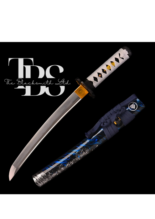 Hancrafted Damascus Steel Katana Sword with White Threaded Handle, Stylish Bluish Cover, and Shiny Blade – Full Tang Samurai Sword for Collectors, Weddings, Anniversaries, Christmas, or Groomsmen Gifts - TheBlacksmithLtd #