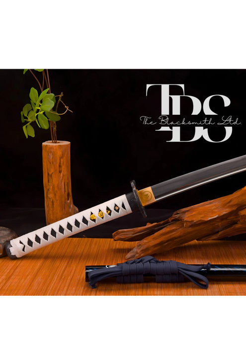 Hancrafted Damascus Steel Katana Sword with White Threaded Handle, Stylish Bluish Cover, and Shiny Blade – Full Tang Samurai Sword for Collectors, Weddings, Anniversaries, Christmas, or Groomsmen Gifts - TheBlacksmithLtd #