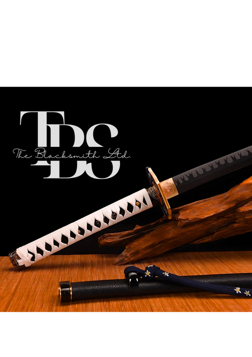 Handmade Damascus Steel Katana Sword – White Threaded Handle, Black Sword Cover, Bluish and Bronze Design, and Sharp Blade – Full Tang Samurai Sword for Collectors, Anniversaries, Christmas, or Groomsmen Gifts - TheBlacksmithLtd #