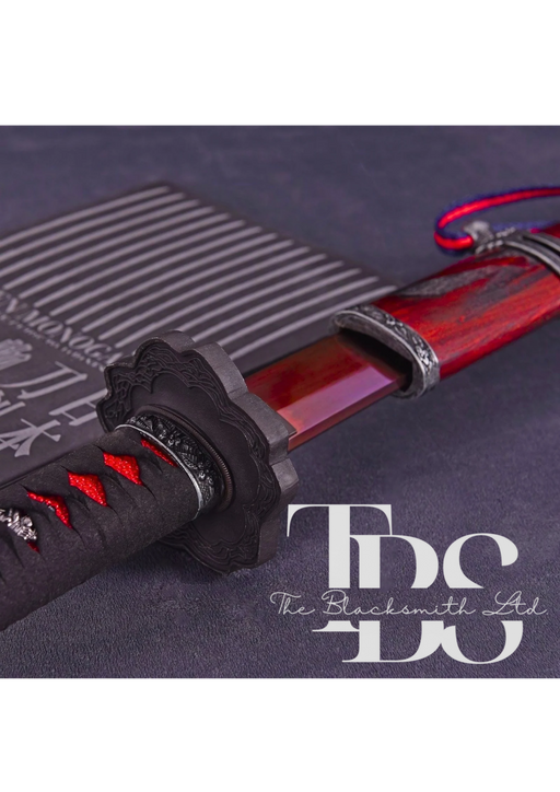 Handmade Damascus Steel Katana Sword – Red and Black Handle with Matching Red Sword Cover Featuring Decorative Designs, Ornate Black Detailing, and Sharp Blade – Full Tang Samurai Sword for Collectors, Anniversaries, Christmas, or Groomsmen Gifts - TheBlacksmithLtd #