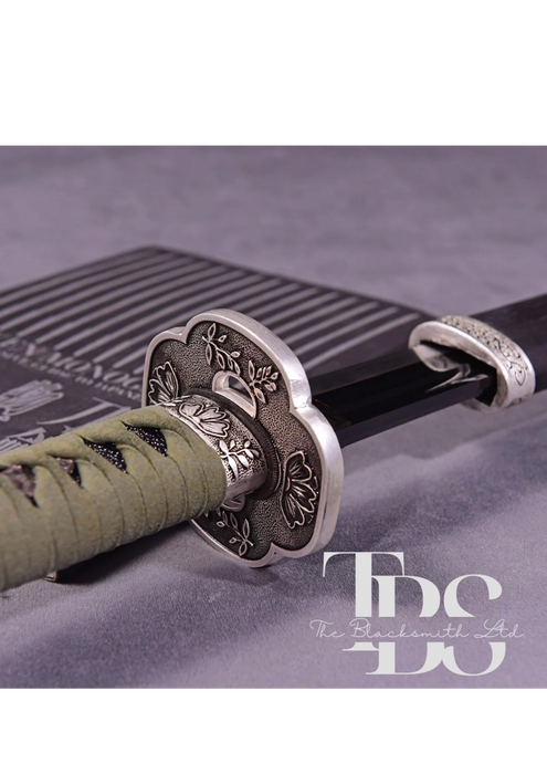 Handmade Damascus Steel Katana Sword – Green or Black Handle Options, Silver Detailing, Lavish Blade Cover Design, and Black Damascus Blade – Full Tang Samurai Sword for Collectors, Anniversaries, Christmas, or Groomsmen Gifts - TheBlacksmithLtd #