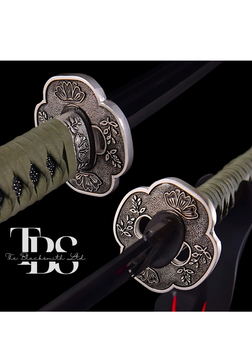 Handmade Damascus Steel Katana Sword – Green or Black Handle Options, Silver Detailing, Lavish Blade Cover Design, and Black Damascus Blade – Full Tang Samurai Sword for Collectors, Anniversaries, Christmas, or Groomsmen Gifts - TheBlacksmithLtd #