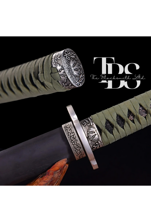 Handmade Damascus Steel Katana Sword – Green or Black Handle Options, Silver Detailing, Lavish Blade Cover Design, and Black Damascus Blade – Full Tang Samurai Sword for Collectors, Anniversaries, Christmas, or Groomsmen Gifts - TheBlacksmithLtd #