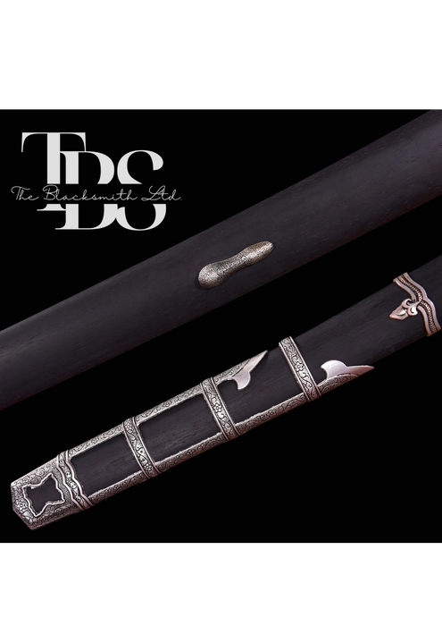 Handmade Damascus Steel Katana Sword – Green or Black Handle Options, Silver Detailing, Lavish Blade Cover Design, and Black Damascus Blade – Full Tang Samurai Sword for Collectors, Anniversaries, Christmas, or Groomsmen Gifts - TheBlacksmithLtd #