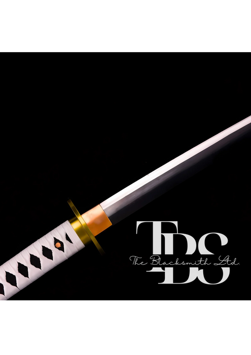 Handmade Damascus Steel Katana Sword – White Handle, White Blade Cover, Golden Detailing Below Handle, and Damascus Steel Blade – Full Tang Samurai Sword for Collectors, Anniversaries, Christmas, or Groomsmen Gifts - TheBlacksmithLtd #