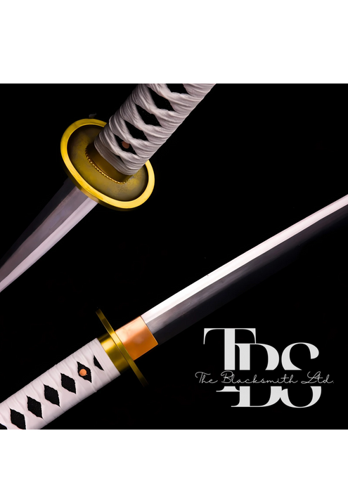 Handmade Damascus Steel Katana Sword – White Handle, White Blade Cover, Golden Detailing Below Handle, and Damascus Steel Blade – Full Tang Samurai Sword for Collectors, Anniversaries, Christmas, or Groomsmen Gifts - TheBlacksmithLtd #