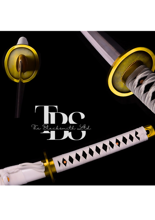 Handmade Damascus Steel Katana Sword – White Handle, White Blade Cover, Golden Detailing Below Handle, and Damascus Steel Blade – Full Tang Samurai Sword for Collectors, Anniversaries, Christmas, or Groomsmen Gifts - TheBlacksmithLtd #