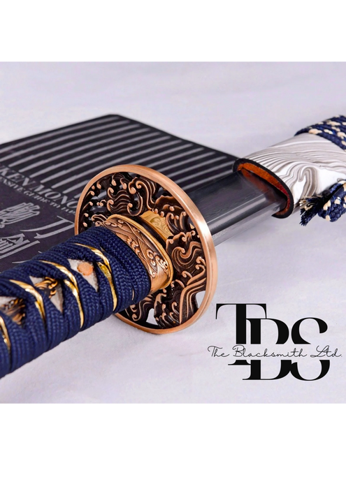 Handmade Damascus Steel Katana Sword – Blue Threaded Handle with Bronze Detailing, Zebra-Print Sword Cover & Bluish Lace – Full Tang Samurai Sword for Collectors, Anniversaries, Christmas, or Groomsmen Gifts - TheBlacksmithLtd #