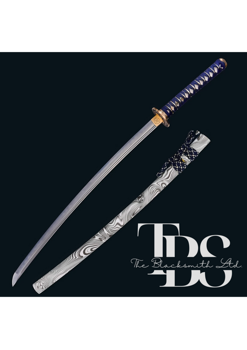 Handmade Damascus Steel Katana Sword – Blue Threaded Handle with Bronze Detailing, Zebra-Print Sword Cover & Bluish Lace – Full Tang Samurai Sword for Collectors, Anniversaries, Christmas, or Groomsmen Gifts - TheBlacksmithLtd #