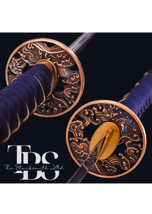 Handmade Damascus Steel Katana Sword – Blue Threaded Handle with Bronze Detailing, Zebra-Print Sword Cover & Bluish Lace – Full Tang Samurai Sword for Collectors, Anniversaries, Christmas, or Groomsmen Gifts - TheBlacksmithLtd #