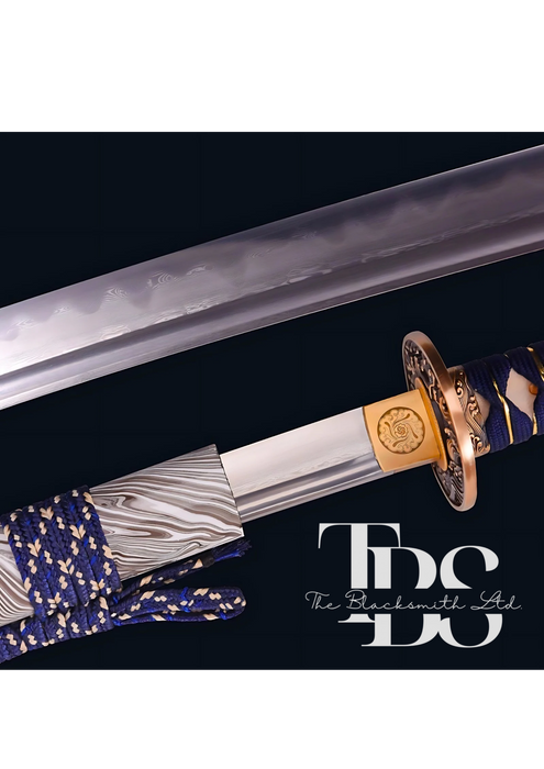 Handmade Damascus Steel Katana Sword – Blue Threaded Handle with Bronze Detailing, Zebra-Print Sword Cover & Bluish Lace – Full Tang Samurai Sword for Collectors, Anniversaries, Christmas, or Groomsmen Gifts - TheBlacksmithLtd #