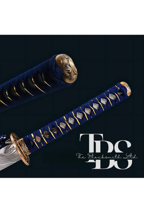 Handmade Damascus Steel Katana Sword – Blue Threaded Handle with Bronze Detailing, Zebra-Print Sword Cover & Bluish Lace – Full Tang Samurai Sword for Collectors, Anniversaries, Christmas, or Groomsmen Gifts - TheBlacksmithLtd #