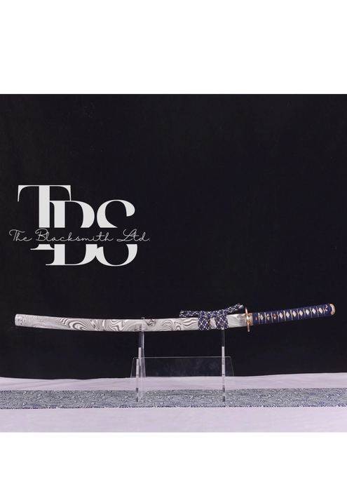 Handmade Damascus Steel Katana Sword – Blue Threaded Handle with Bronze Detailing, Zebra-Print Sword Cover & Bluish Lace – Full Tang Samurai Sword for Collectors, Anniversaries, Christmas, or Groomsmen Gifts - TheBlacksmithLtd #