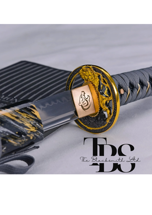 Handcrafted Damascus Steel Katana Sword – Grey Threaded Handle with Golden Detailing, Black, Gold, and Grey Blade Cover with Black Lace – Full Tang Samurai Sword for Collectors, Anniversaries, Christmas, or Groomsmen Gifts - TheBlacksmithLtd #