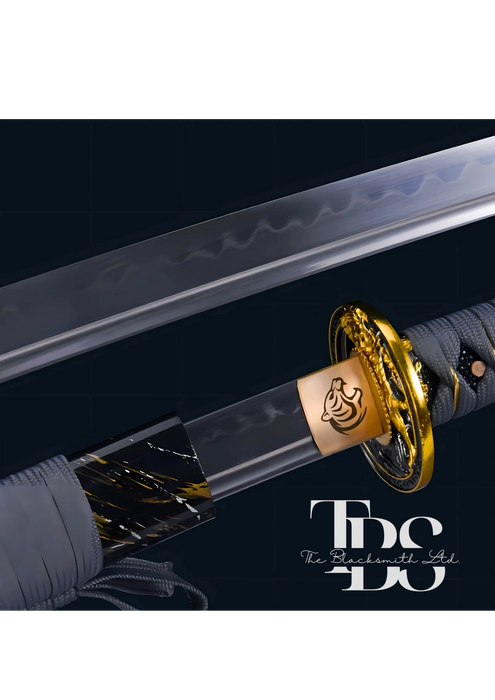 Handcrafted Damascus Steel Katana Sword – Grey Threaded Handle with Golden Detailing, Black, Gold, and Grey Blade Cover with Black Lace – Full Tang Samurai Sword for Collectors, Anniversaries, Christmas, or Groomsmen Gifts - TheBlacksmithLtd #